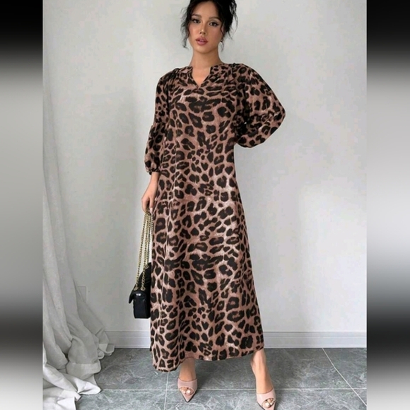 Women's Summer Notched V-Neck Leopard Print Lantern Sleeve Long Loose - Picture 3 of 4